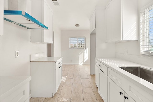 kitchen with light countertops, exhaust hood, visible vents, and a healthy amount of sunlight