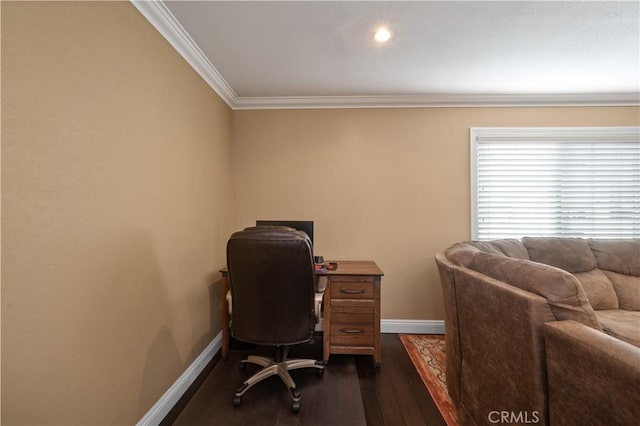 office area featuring dark wood-style floors, baseboards, and ornamental molding