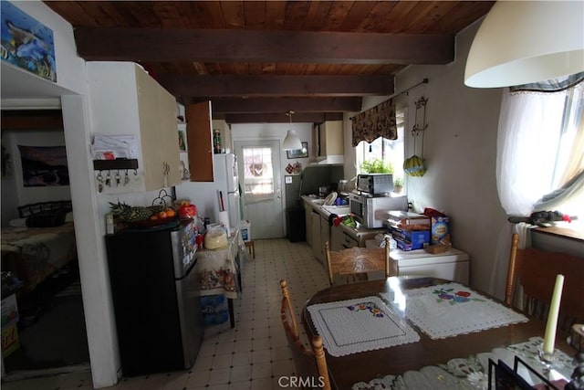 kitchen featuring wooden ceiling, light floors, beam ceiling, and freestanding refrigerator