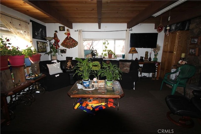 living area with carpet, wooden ceiling, and beamed ceiling