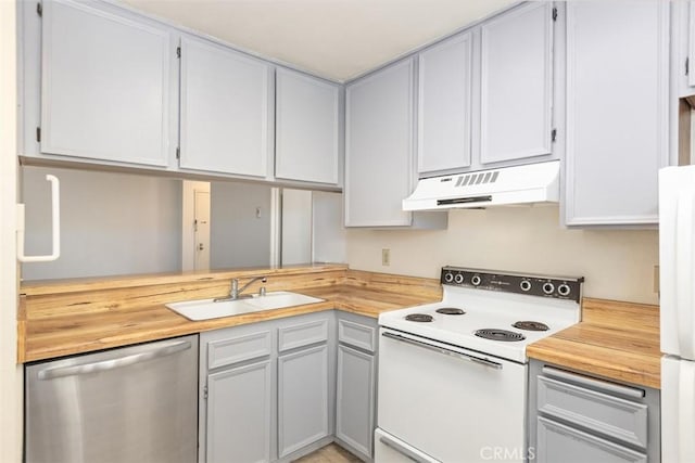 kitchen with butcher block countertops, white appliances, a sink, and under cabinet range hood