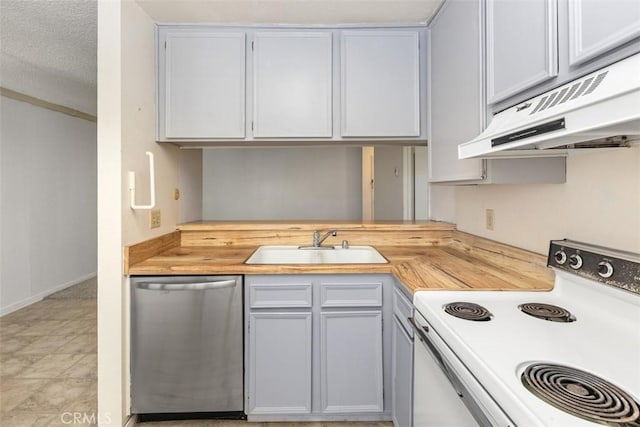 kitchen with butcher block counters, under cabinet range hood, white electric range, stainless steel dishwasher, and a sink