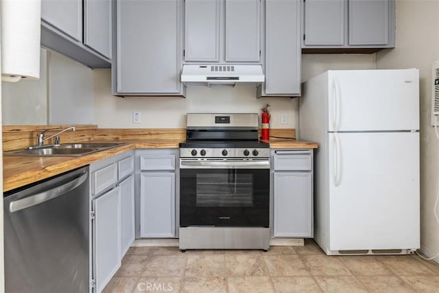 7506 Parkway Dr Unit 104, La Mesa, CA 91942 - kitchen with appliances with stainless steel finishes, under cabinet range hood, a sink, gray cabinetry, and butcher block countertops