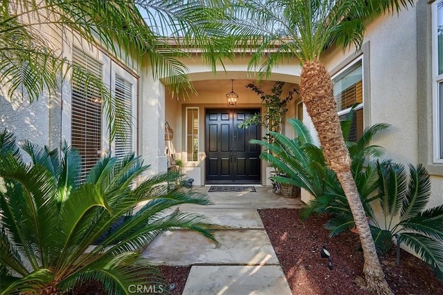 entrance to property with stucco siding