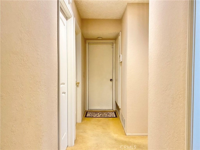 hall featuring light colored carpet, a textured ceiling, and a textured wall