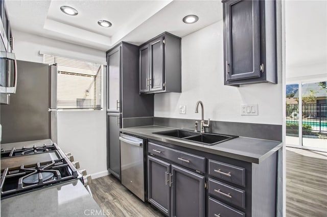 kitchen with dark wood finished floors, dark countertops, a raised ceiling, appliances with stainless steel finishes, and a sink