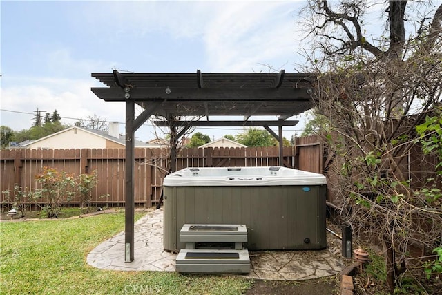 view of yard featuring a patio area, fence, a pergola, and a hot tub