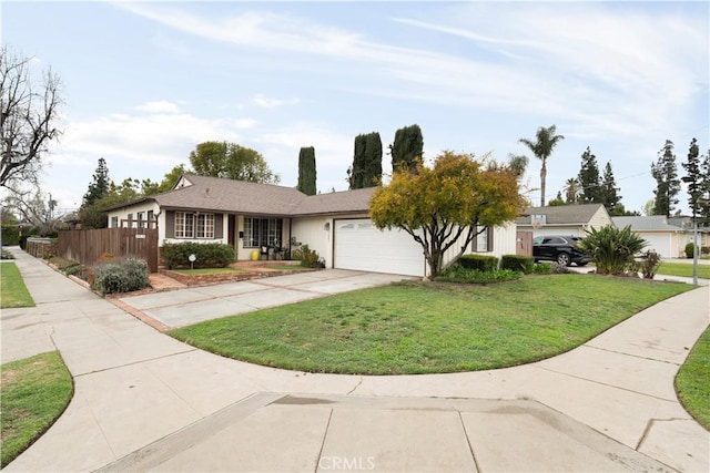 ranch-style house with a garage, concrete driveway, a front yard, and fence