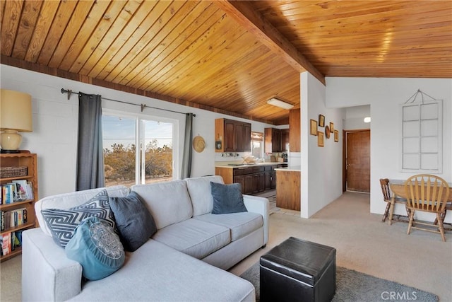 living area featuring light carpet, lofted ceiling, and wood ceiling