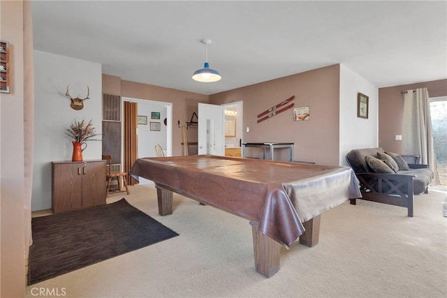 game room featuring light colored carpet and billiards