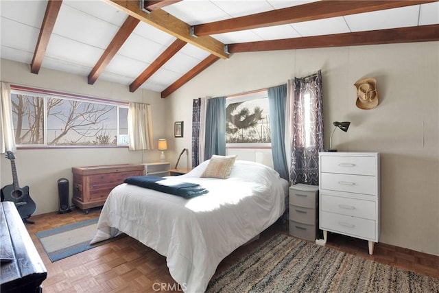 bedroom with vaulted ceiling with beams