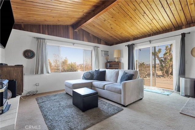 living area with wooden ceiling, plenty of natural light, and carpet