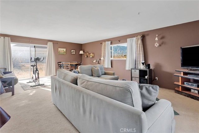 living area featuring light colored carpet