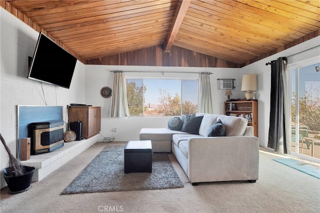 living area featuring wooden ceiling, light carpet, and plenty of natural light