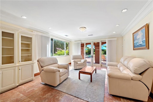 living room featuring recessed lighting, visible vents, ornamental molding, and french doors