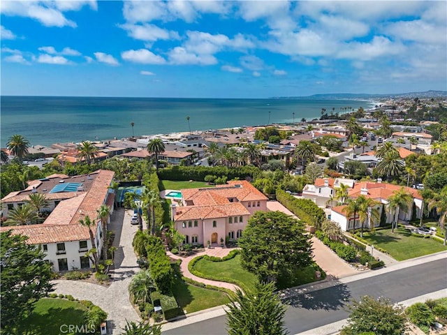 aerial view featuring a water view and a residential view