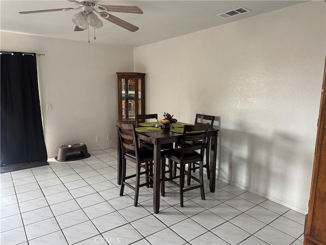 dining room featuring visible vents, ceiling fan, baseboards, and light tile patterned floors