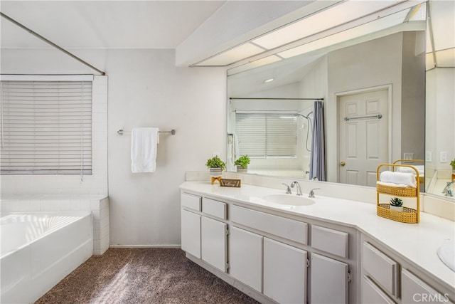 full bath with a tub, a shower, and vanity