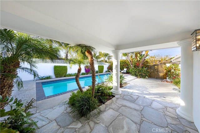 view of swimming pool featuring a patio, a fenced backyard, and a fenced in pool