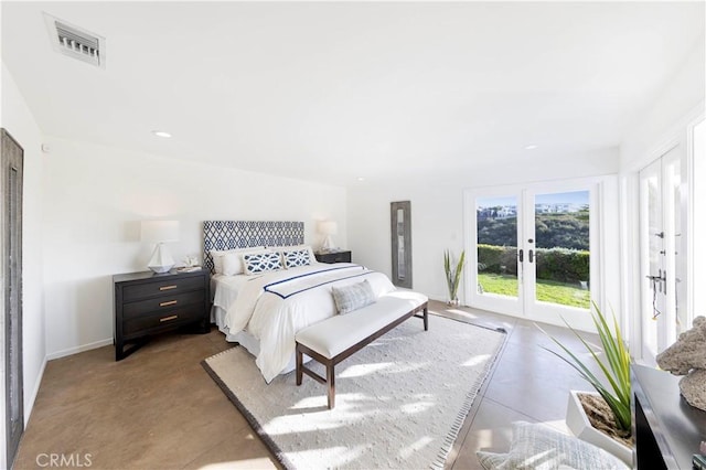 bedroom featuring visible vents, baseboards, finished concrete flooring, access to exterior, and french doors