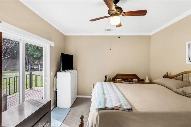 bedroom featuring baseboards, visible vents, carpet, access to outside, and crown molding