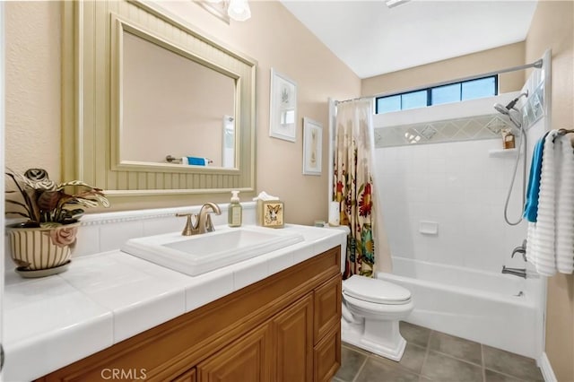 full bathroom with tile patterned flooring, shower / tub combo with curtain, vanity, and toilet