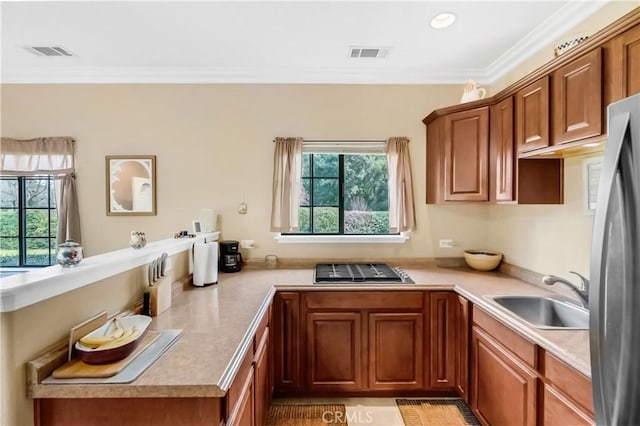 kitchen featuring visible vents, appliances with stainless steel finishes, ornamental molding, a sink, and a peninsula