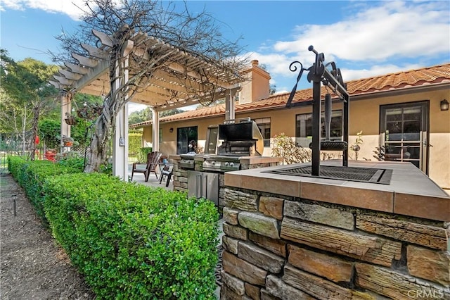 view of patio / terrace with exterior kitchen and a pergola