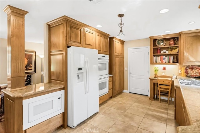 kitchen featuring light tile patterned floors, light stone counters, white appliances, open shelves, and pendant lighting