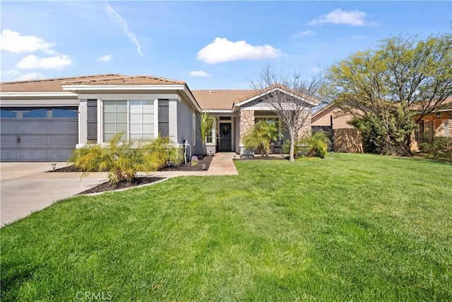 single story home featuring driveway, stone siding, an attached garage, a front yard, and stucco siding