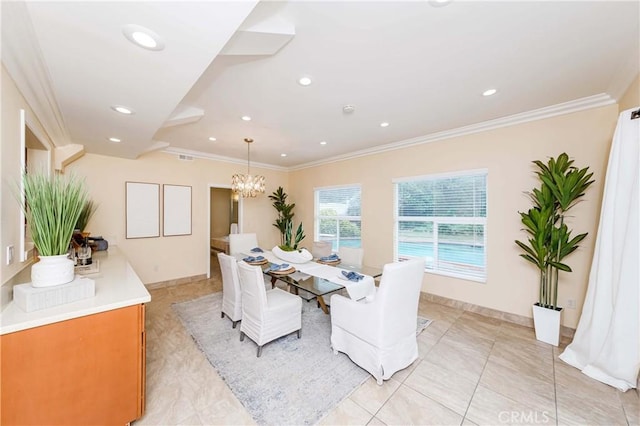 dining space with ornamental molding, recessed lighting, a chandelier, and baseboards