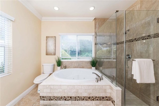 bathroom with toilet, ornamental molding, a stall shower, baseboards, and a bath