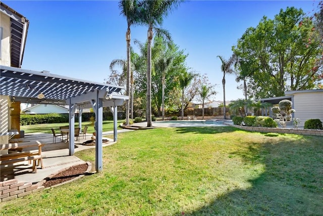 view of yard with fence, an outdoor pool, a pergola, and a patio