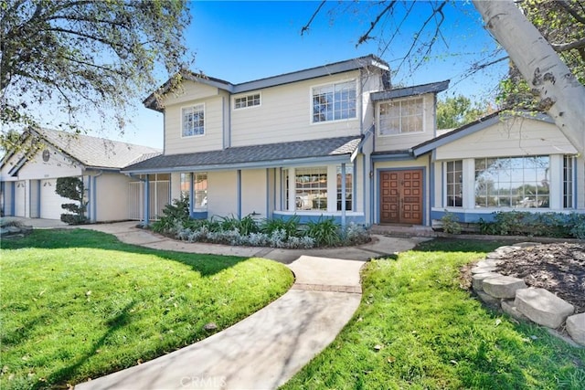 traditional-style house with a front yard and an attached garage