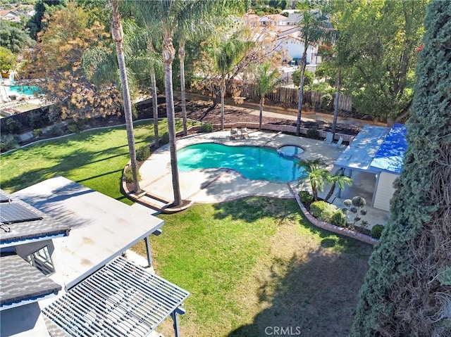 view of pool with a fenced backyard, a lawn, a fenced in pool, and a patio