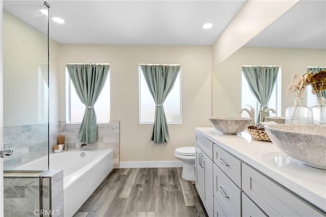 bathroom with double vanity, a garden tub, a sink, and wood finished floors