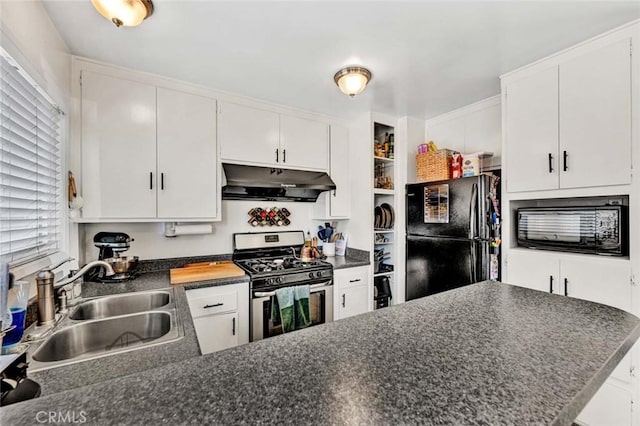 kitchen featuring dark countertops, under cabinet range hood, black appliances, and white cabinets