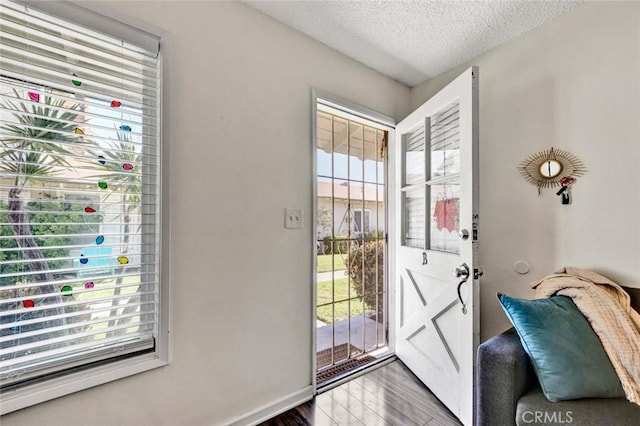 entryway with a textured ceiling and wood finished floors