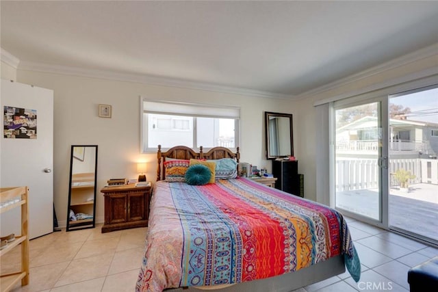 bedroom with access to exterior, light tile patterned flooring, and ornamental molding