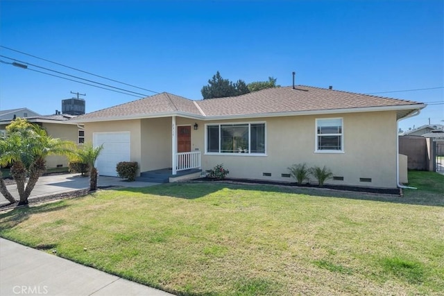 single story home with a garage, crawl space, stucco siding, a front lawn, and a shingled roof