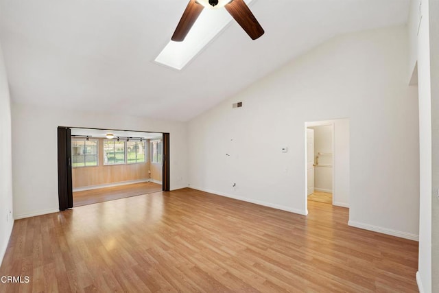 unfurnished living room featuring visible vents, baseboards, light wood-style flooring, and a ceiling fan