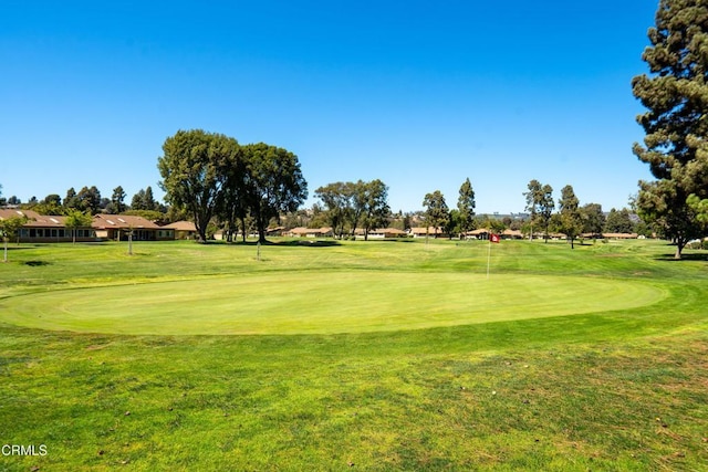 view of community with golf course view and a lawn