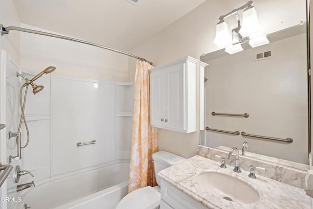 bathroom featuring visible vents, vanity, toilet, and shower / tub combo with curtain