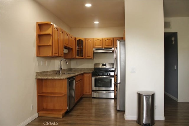 kitchen with glass insert cabinets, under cabinet range hood, appliances with stainless steel finishes, and open shelves