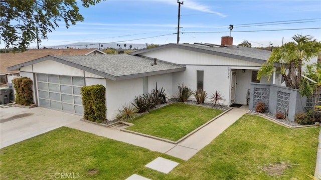 19309 Tillman Ave, Carson, CA 90746 - view of front of property featuring driveway, a garage, roof with shingles, a front yard, and a chimney