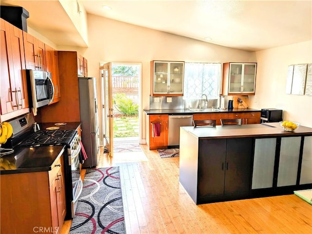 19309 Tillman Ave, Carson, CA 90746 - kitchen with stainless steel appliances, vaulted ceiling, light wood-style floors, dark countertops, and glass insert cabinets