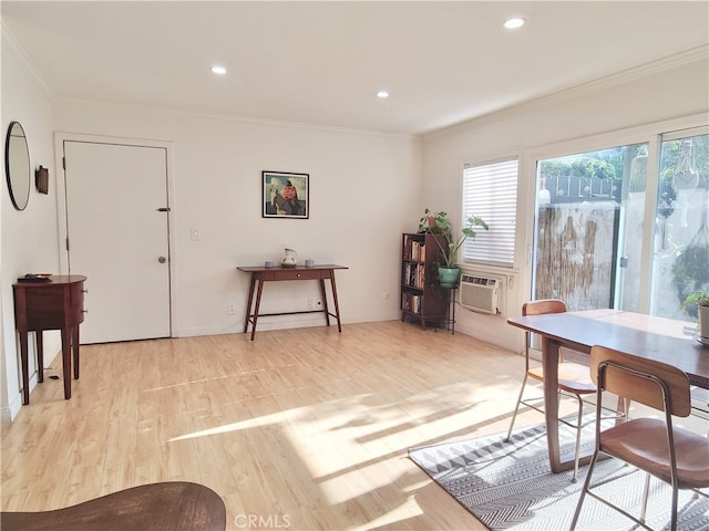 5001 Stoney Creek Rd Unit 356, Culver City, CA 90230 - dining space featuring ornamental molding, light wood finished floors, a wall unit AC, and recessed lighting