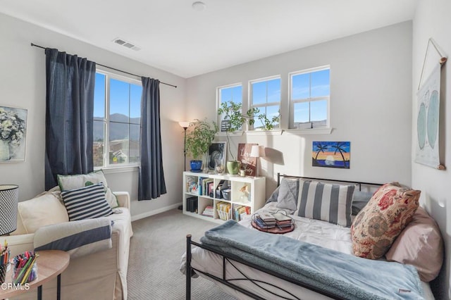 interior space featuring a mountain view, carpet flooring, visible vents, and baseboards