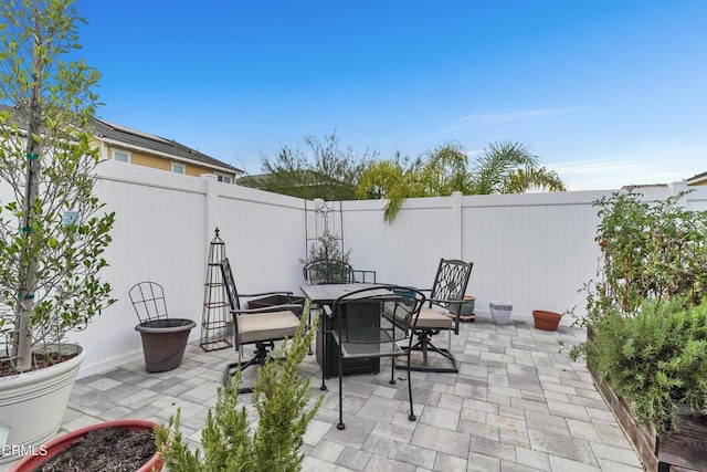 view of patio featuring a fenced backyard and outdoor dining space