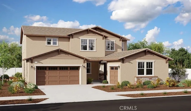 craftsman-style home featuring a tile roof, stucco siding, concrete driveway, an attached garage, and stone siding